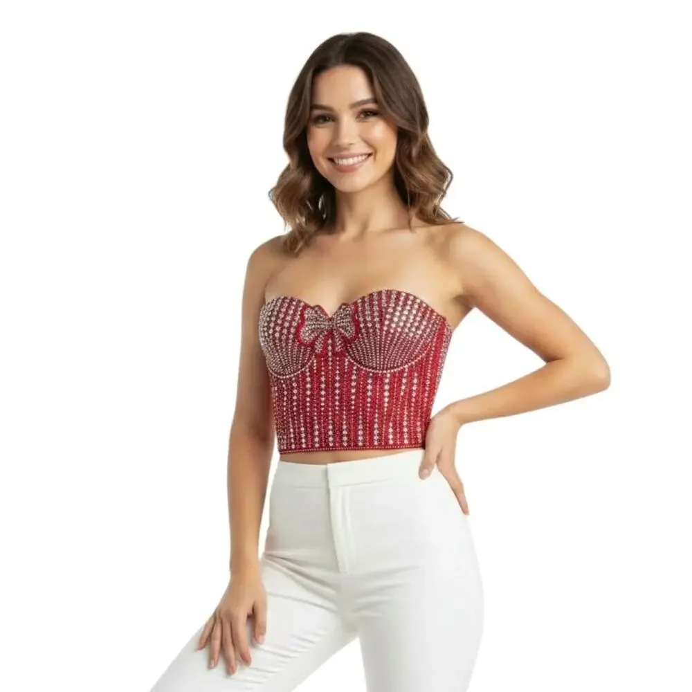 Victroria's Secret Red Satin Crystal Embellished Long Line Bustier, S SRP:$220